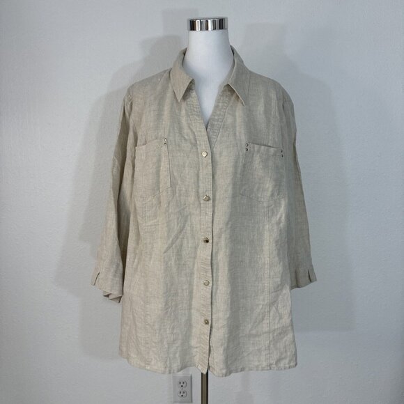 JM Collection Shirt Womens 24W Brown Button Blouse Top Roll Slv 3/4 100% Linen - Picture 1 of 16